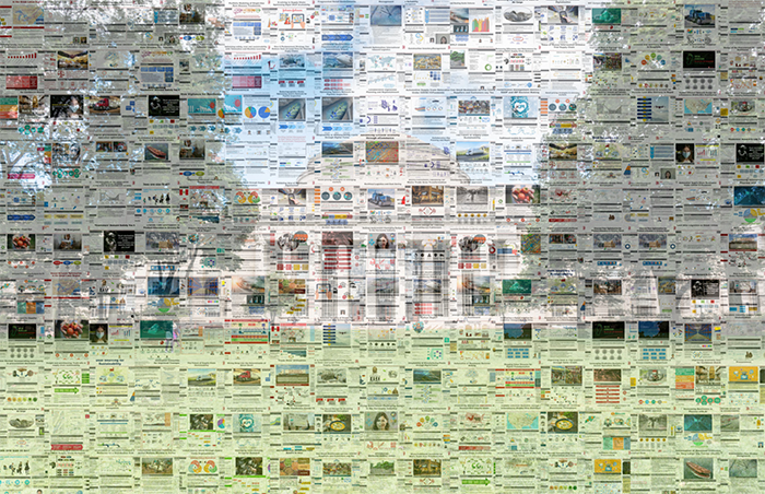 Mosaic of student research project thumbnails over photo of MIT dome