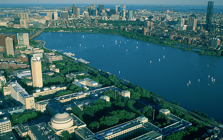 Aerial shot of MIT campus, Charles River, and Boston