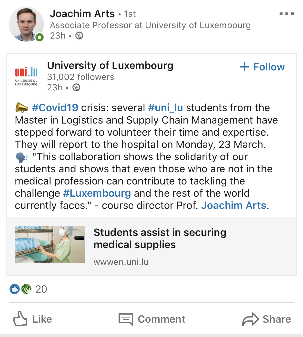 A post from Joachim Arts about LCL students volunteering to assist Luxembourg hospitals in finding medical supplies